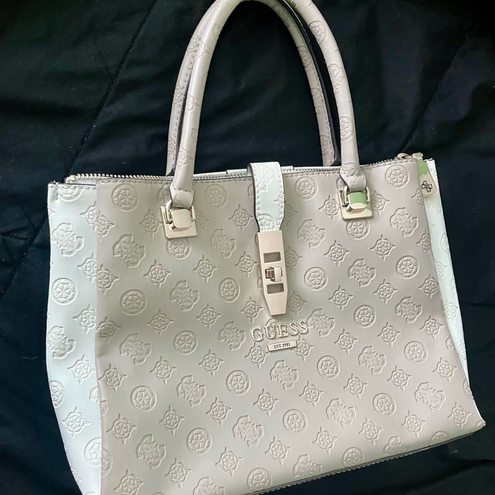 GUESS Embossed Gray and White Tote Bag